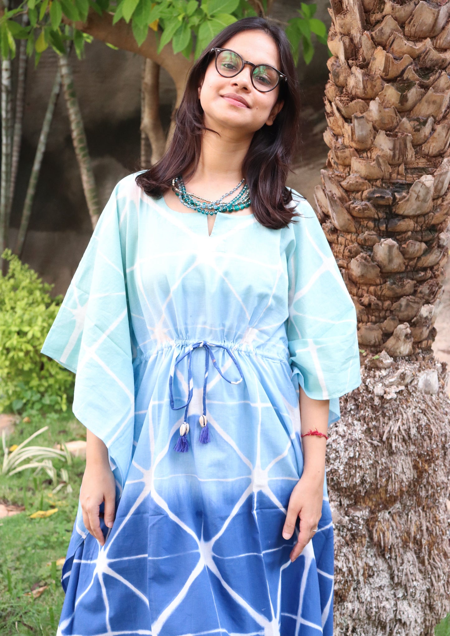 Turquoise stars Shibori kaftan - Kaftans for women - Knee length Kaftan - Short Kaftan - Kaftan dress