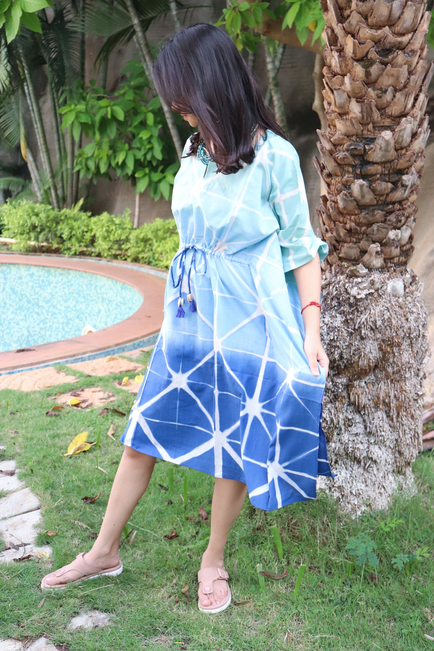 Turquoise stars Shibori kaftan - Kaftans for women - Knee length Kaftan - Short Kaftan - Kaftan dress