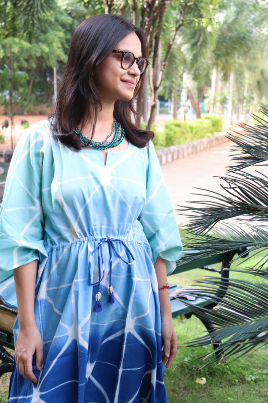 Turquoise stars Shibori kaftan - Kaftans for women - Knee length Kaftan - Short Kaftan - Kaftan dress