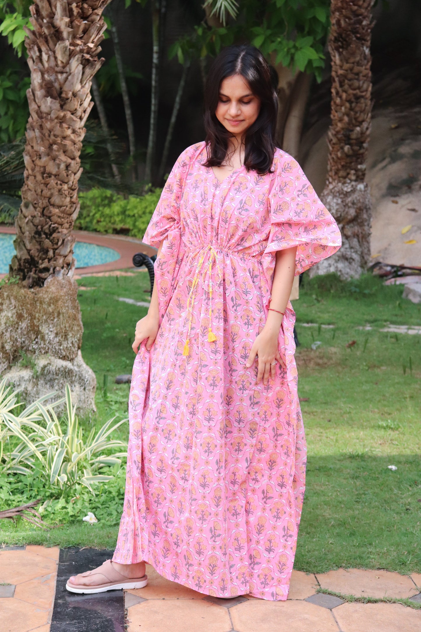 Pink floral print Kaftans - Kaftan for women - Loungewear - long Kaftans with drawstring - Pink