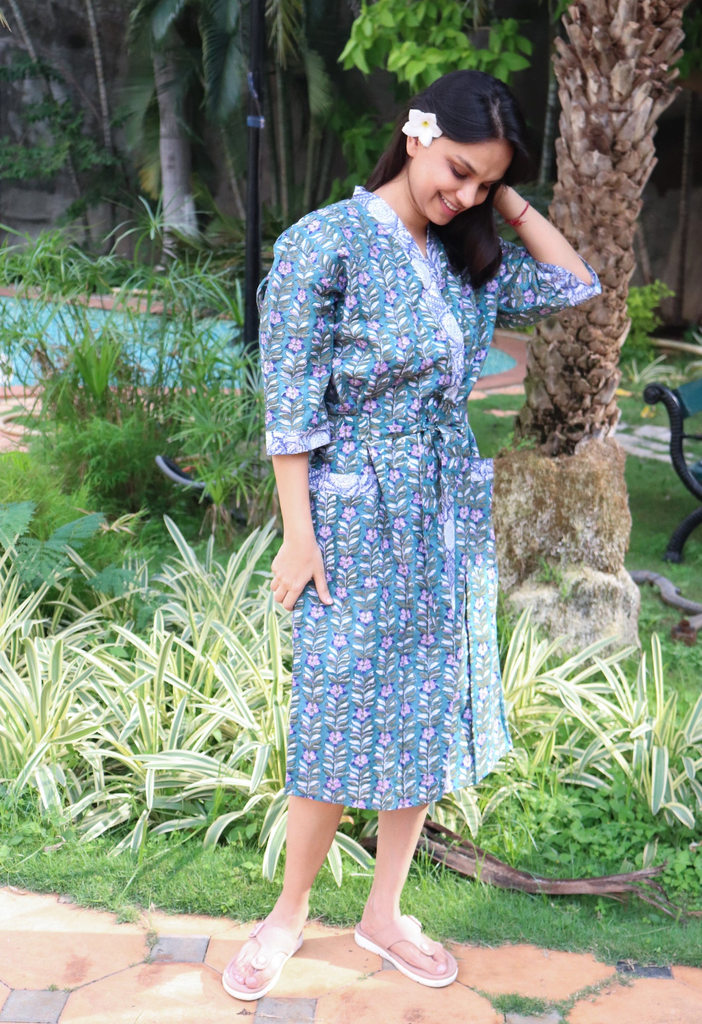 Green Cotton robe for women - Block print robes - beach cover up - Green and lilac floral