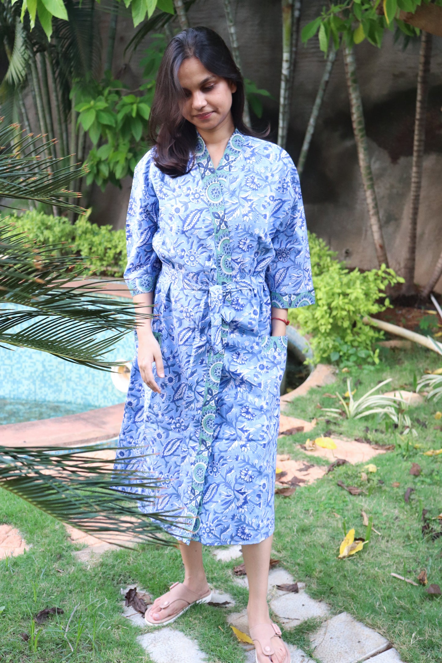 Blue floral Cotton robe for women - Block print robes - beach cover up - Blue floral