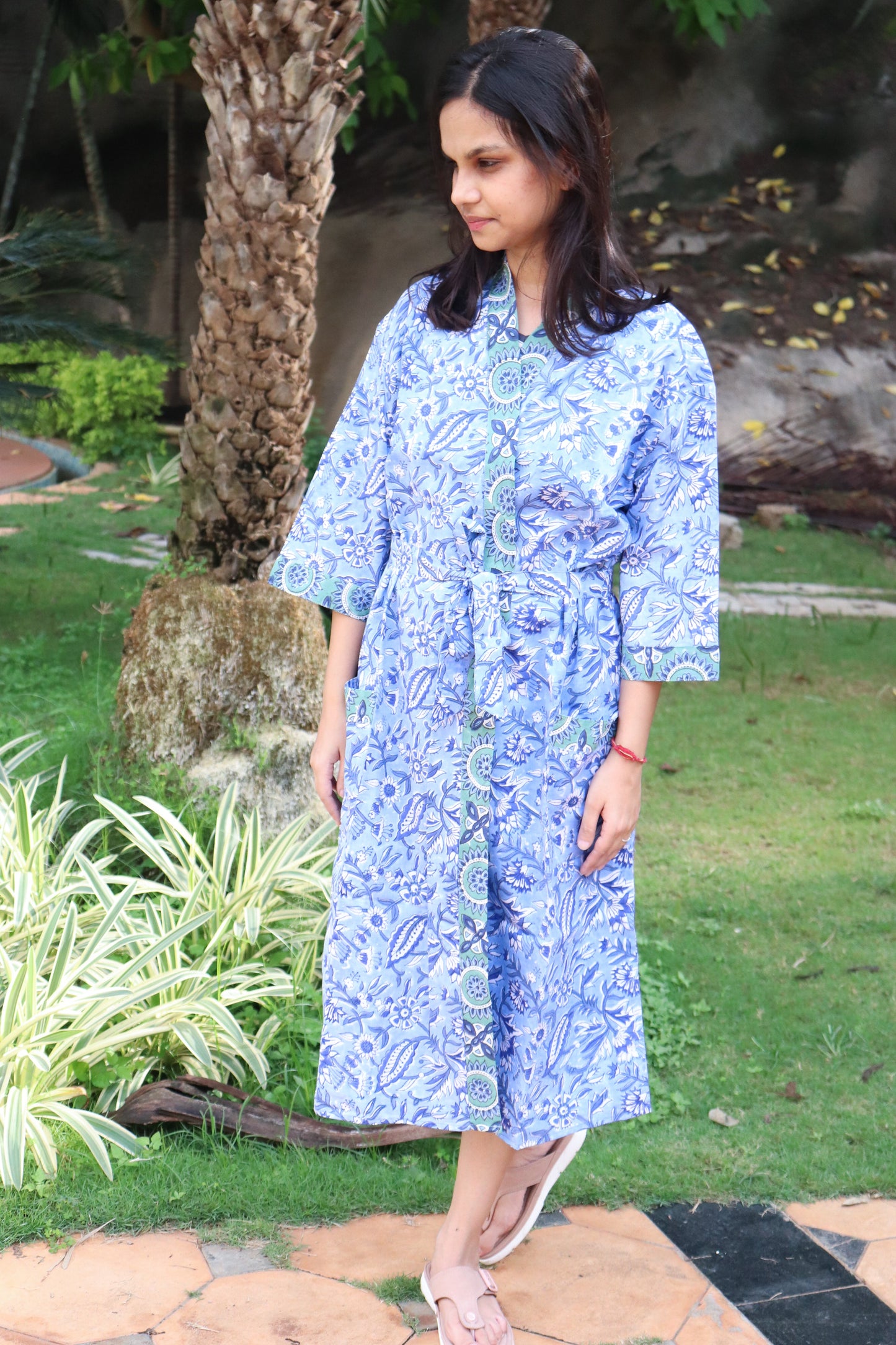 Blue floral Cotton robe for women - Block print robes - beach cover up - Blue floral