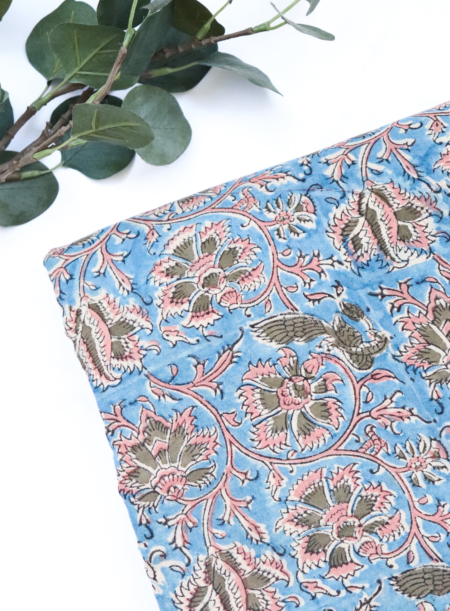 Blue Kalamkari block print fabric per meter - Kalamkari - Kurta fabric - Floral cotton fabric