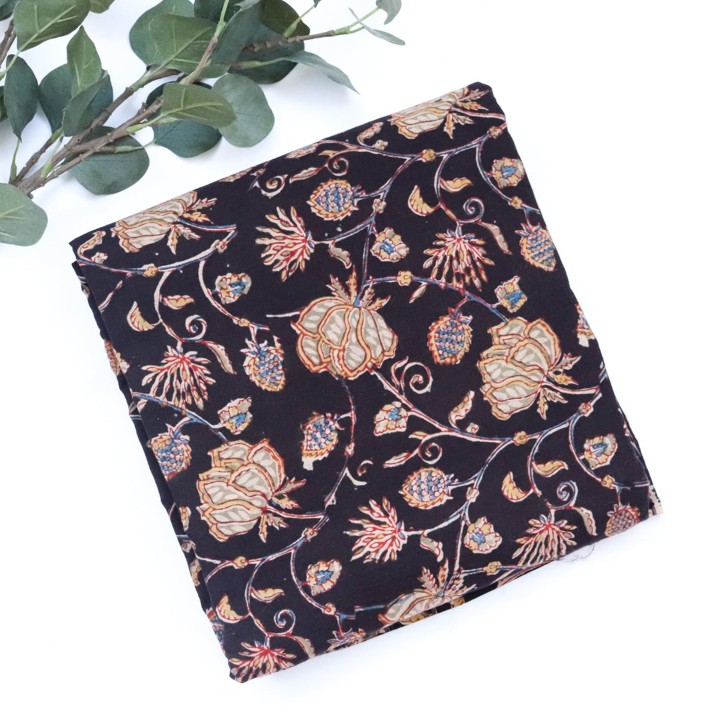 Black Kalamkari block print fabric per meter - Kalamkari - Kurta fabric - Floral Mulmul cotton