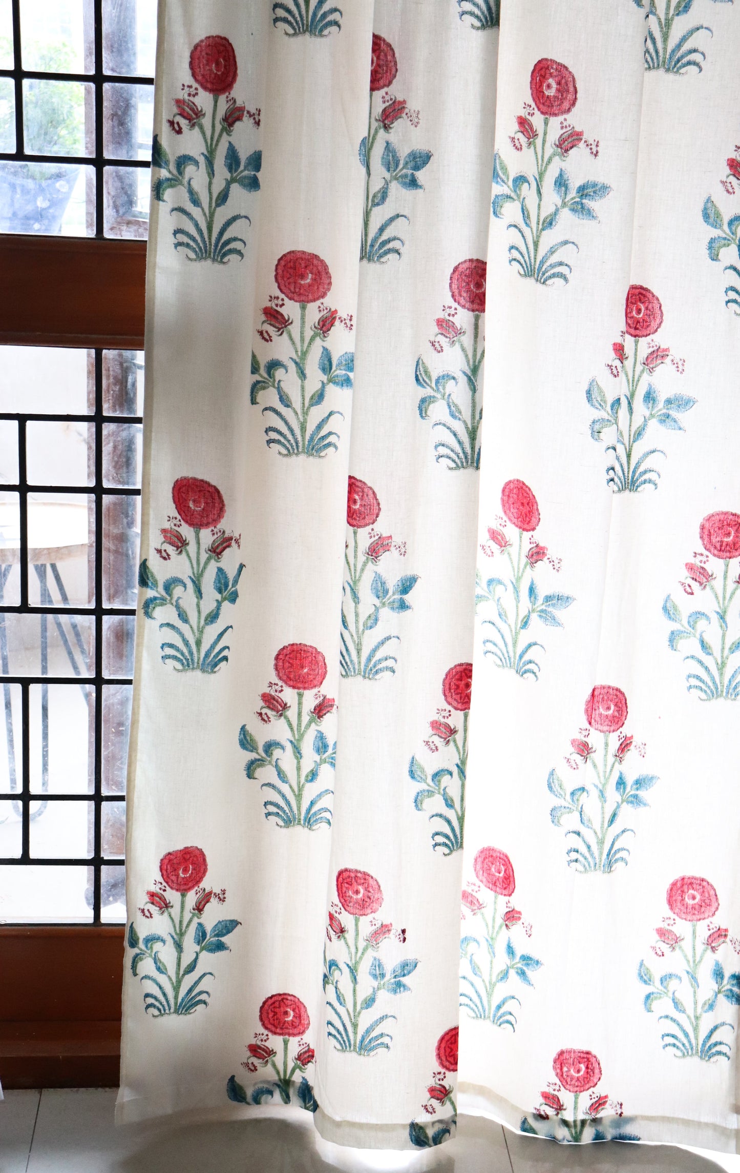 Red boota curtains with lining - Cotton Linen - Sold individually