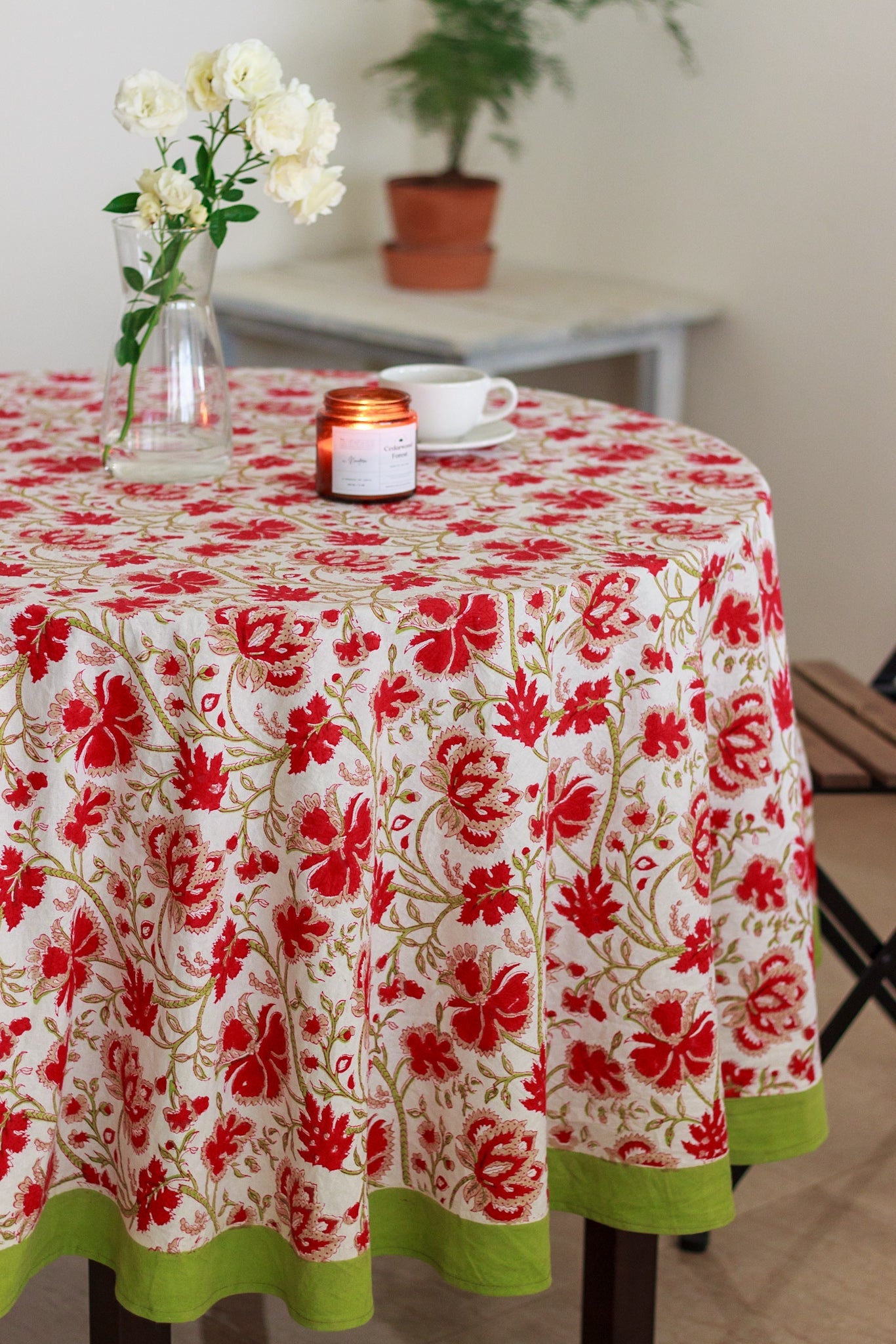 Round tablecloth - 6 & 8 seater block print table cloth - Red floral Round table cover - 72 inches & 90 inches diameter