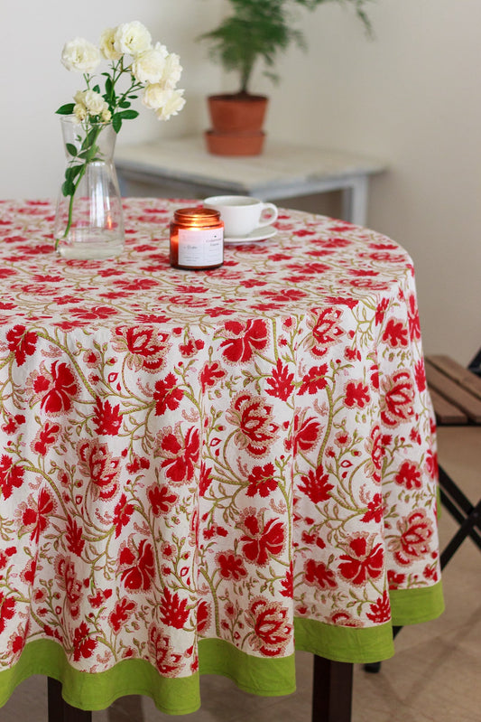 Round tablecloth - 6 & 8 seater block print table cloth - Red floral Round table cover - 72 inches & 90 inches diameter