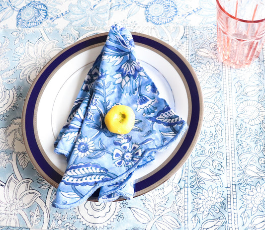 Embroidered block print dinner napkins - Block print napkins - set of 2 napkins - Blue Floral