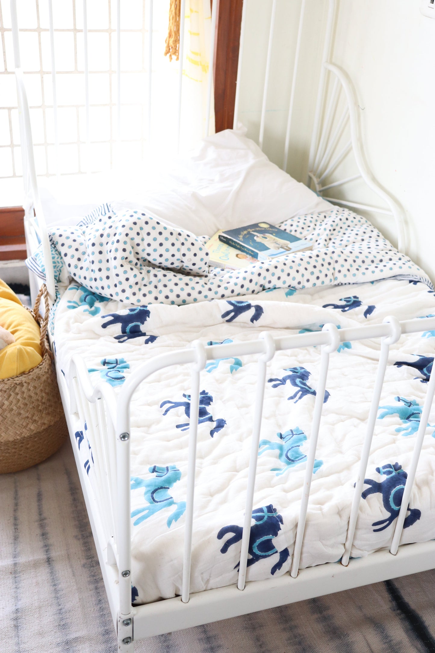 Kids cotton quilt - Horsey block print quilt - kids room bedding - Blue and Navy horses