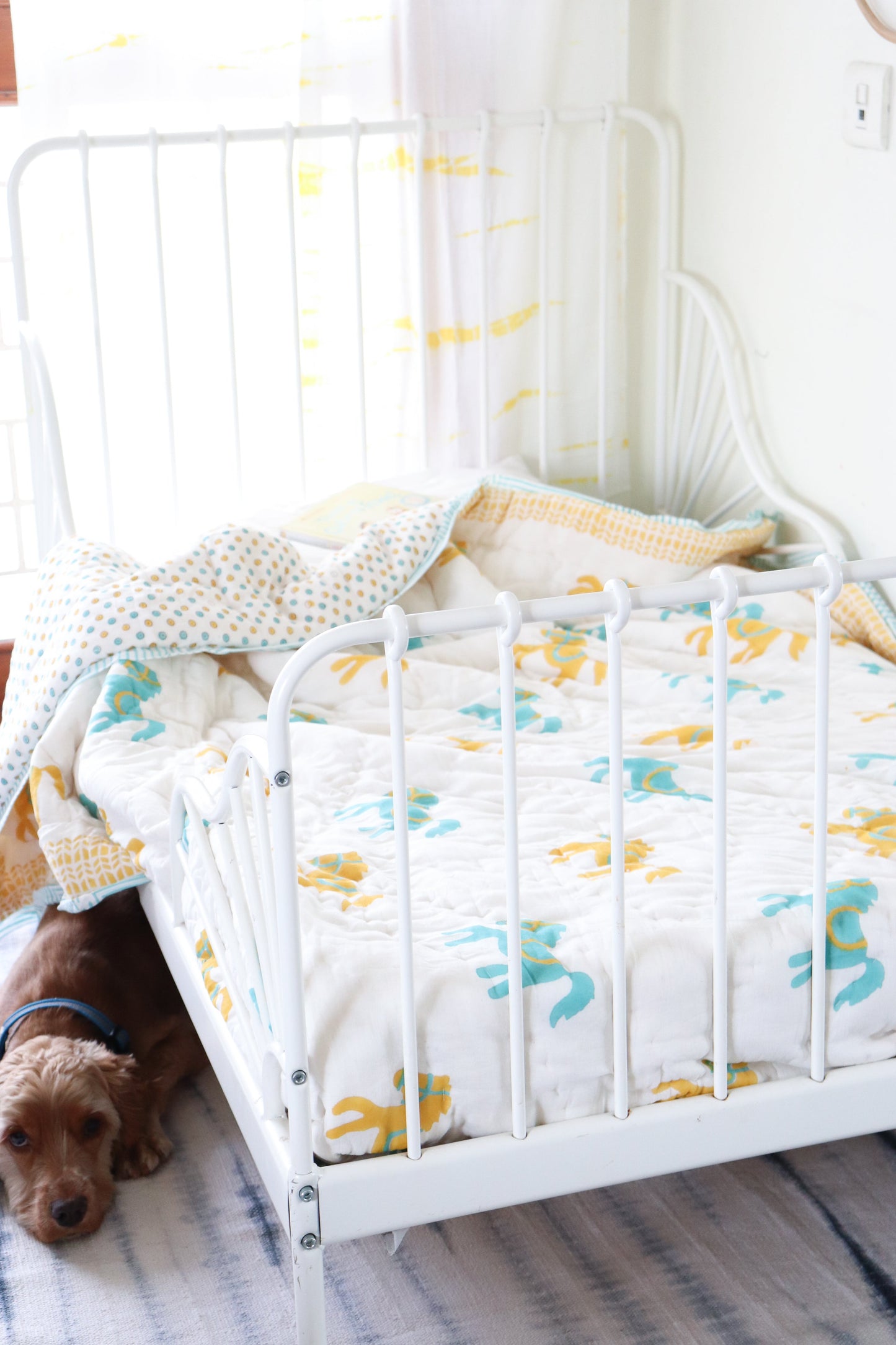 Kids cotton quilt - Horsey block print quilt - kids room bedding - Yellow and turquoise horses