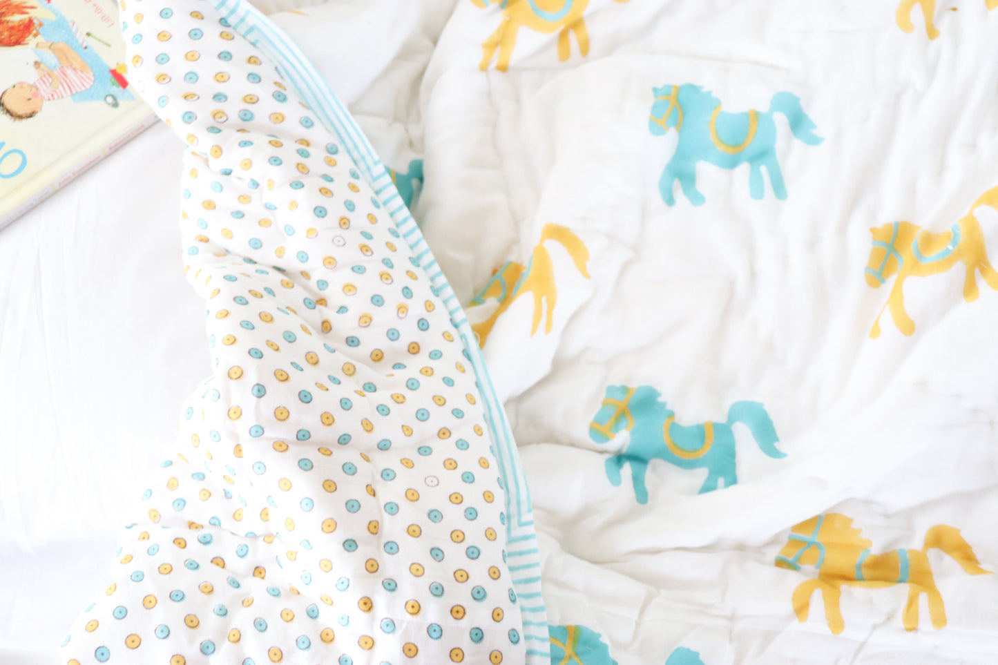 Kids cotton quilt - Horsey block print quilt - kids room bedding - Yellow and turquoise horses