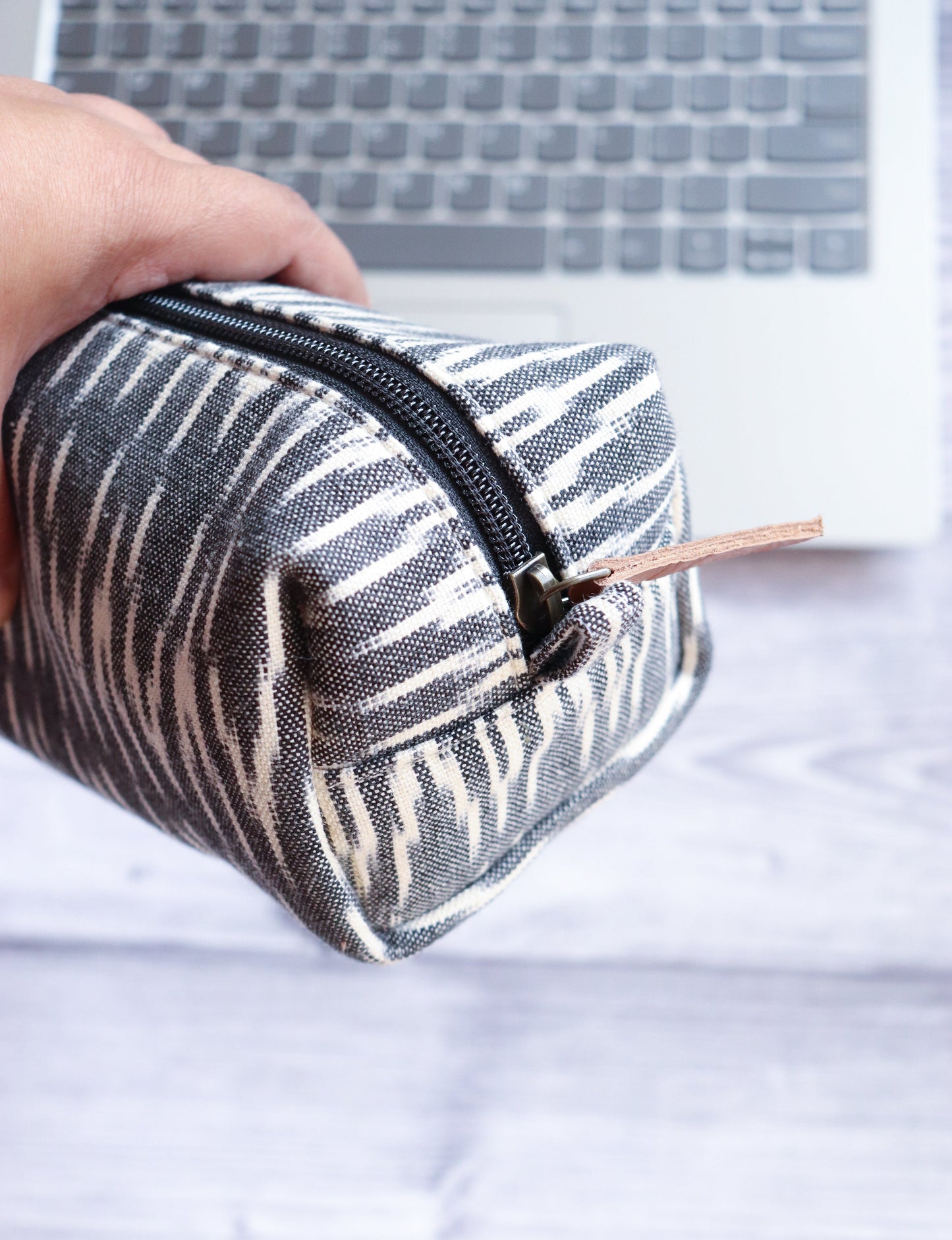 Men's toiletries bag - Men's cosmetic bag - Ikat cosmetic pouch - Fabric travel pouch- Grey cosmetic pouch