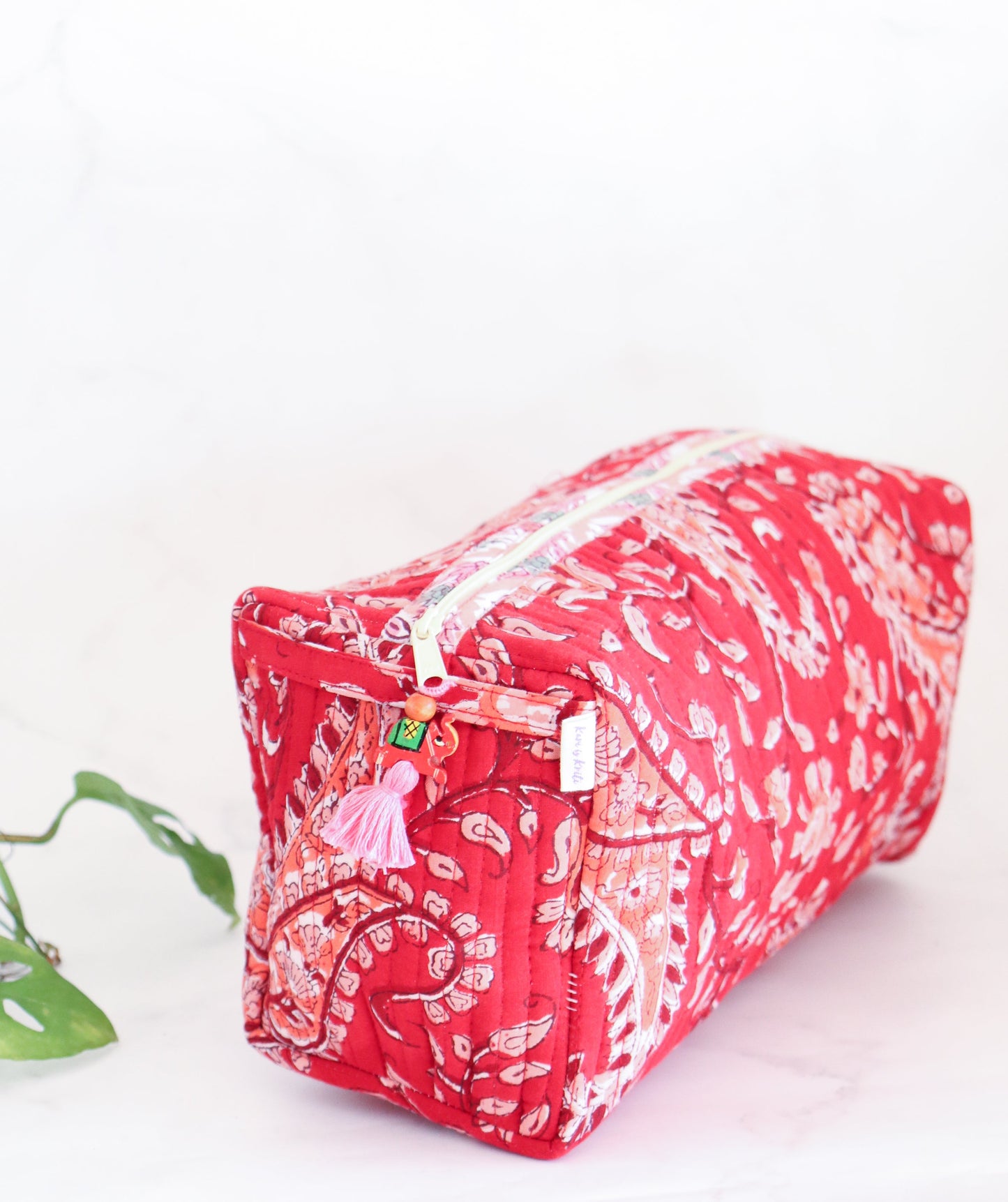Large Cosmetic bag - Makeup bag - Block print fabric travel pouch- Red cosmetic pouch