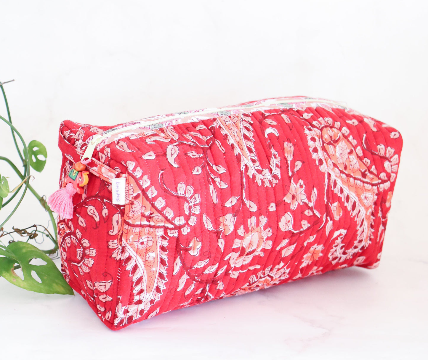 Large Cosmetic bag - Makeup bag - Block print fabric travel pouch- Red cosmetic pouch