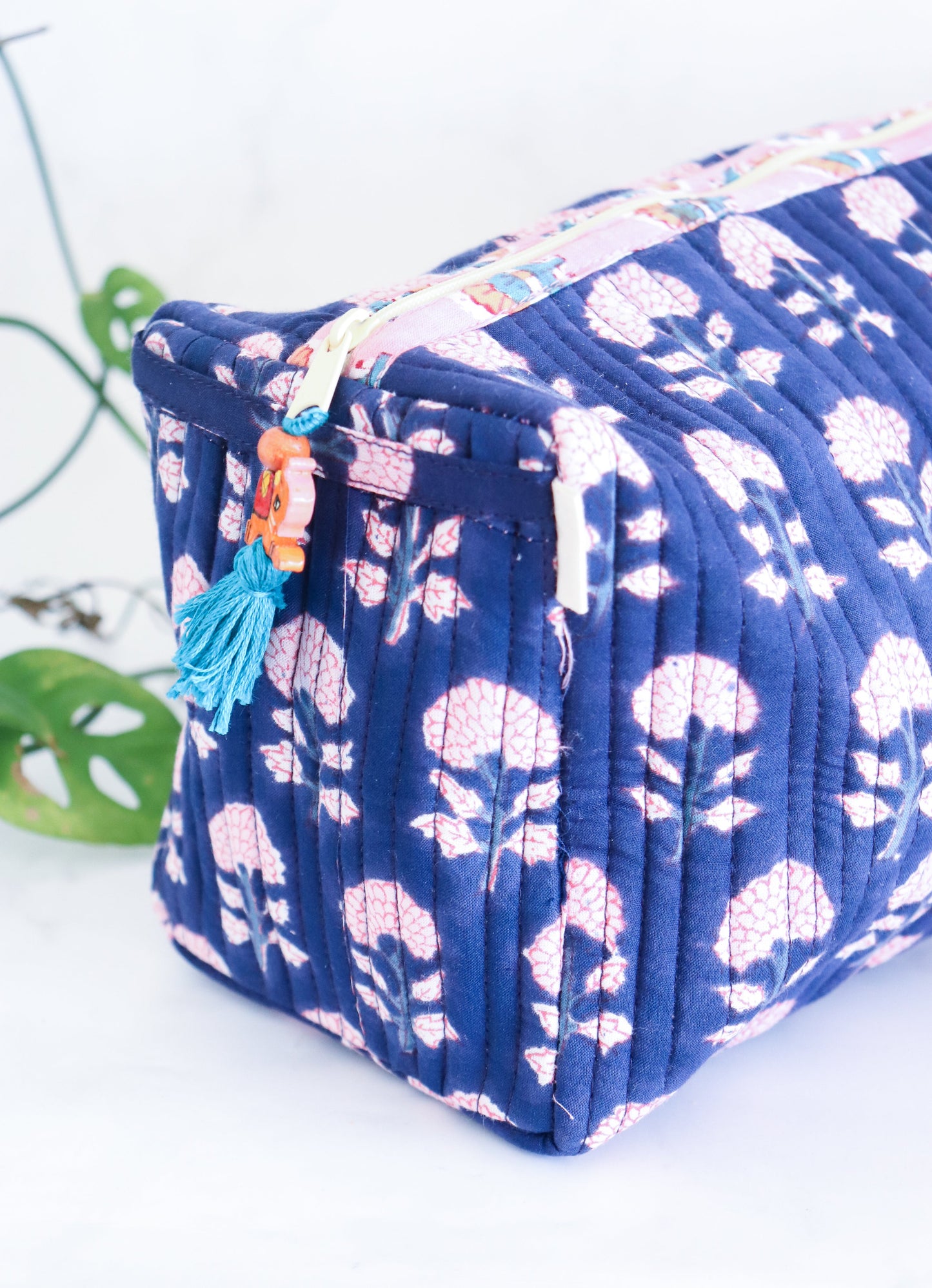 Large Cosmetic bag - Makeup bag - Block print fabric travel pouch- Dark blue cosmetic pouch