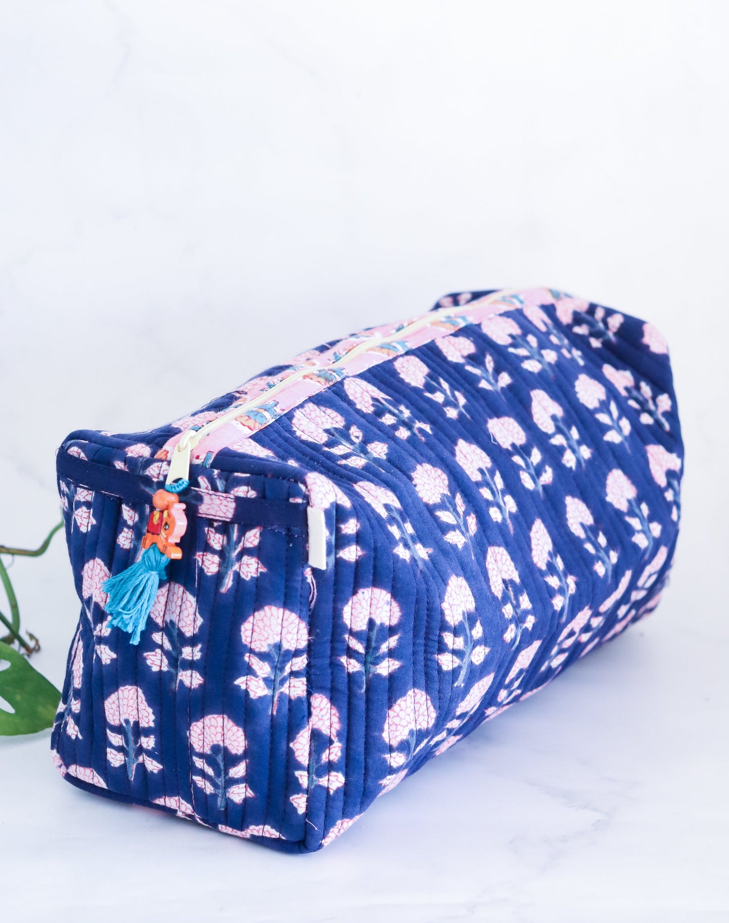 Large Cosmetic bag - Makeup bag - Block print fabric travel pouch- Dark blue cosmetic pouch