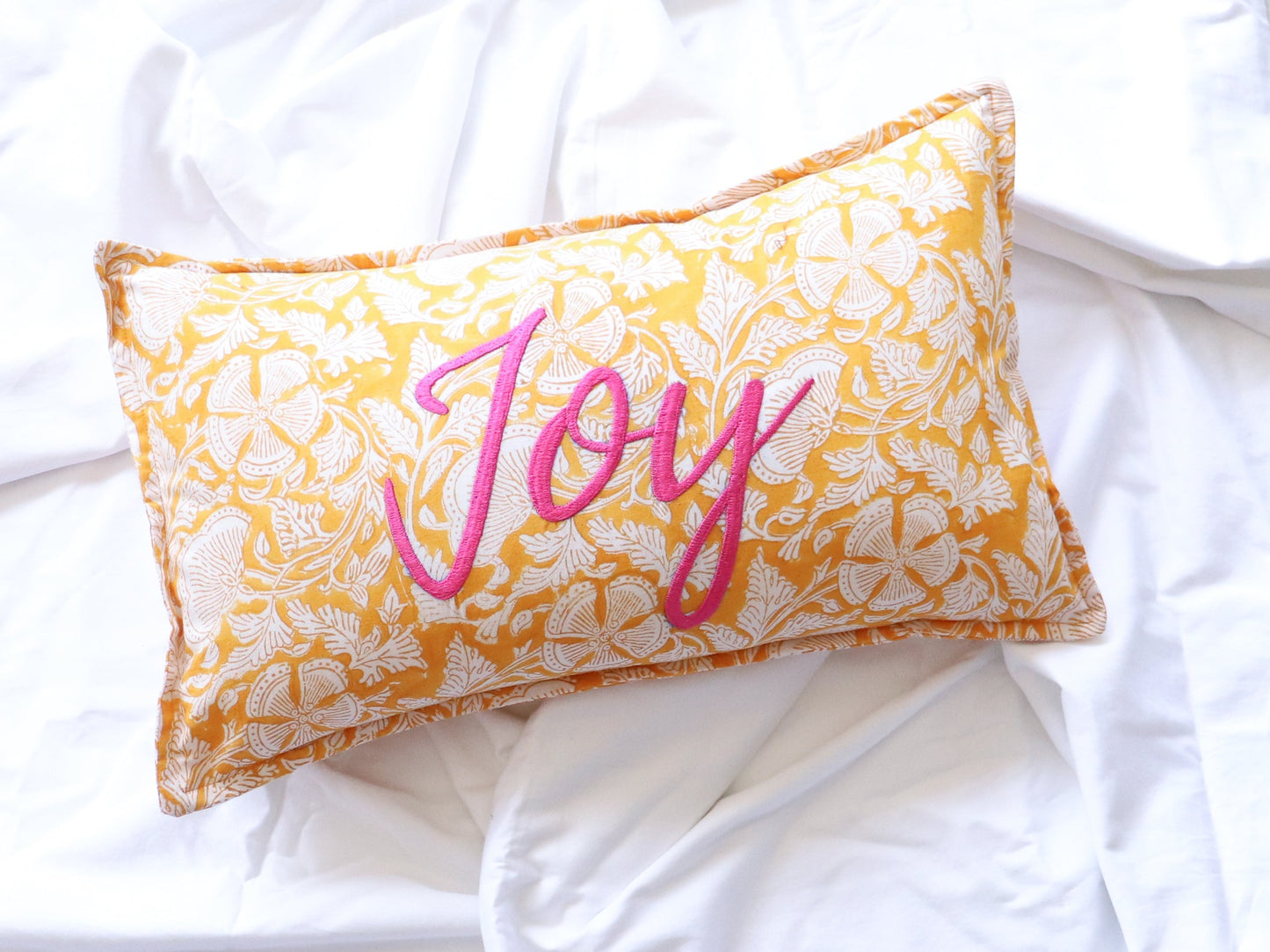 Joy Block print Word Pillow - Embroidery on Block print fabric - 12x20