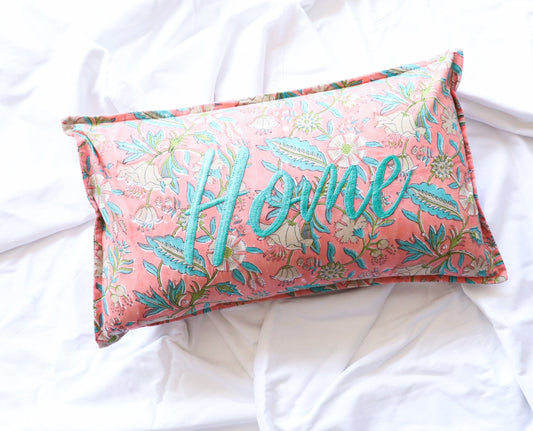 Home Block print Word Pillow - Embroidery on Block print fabric - 12x20