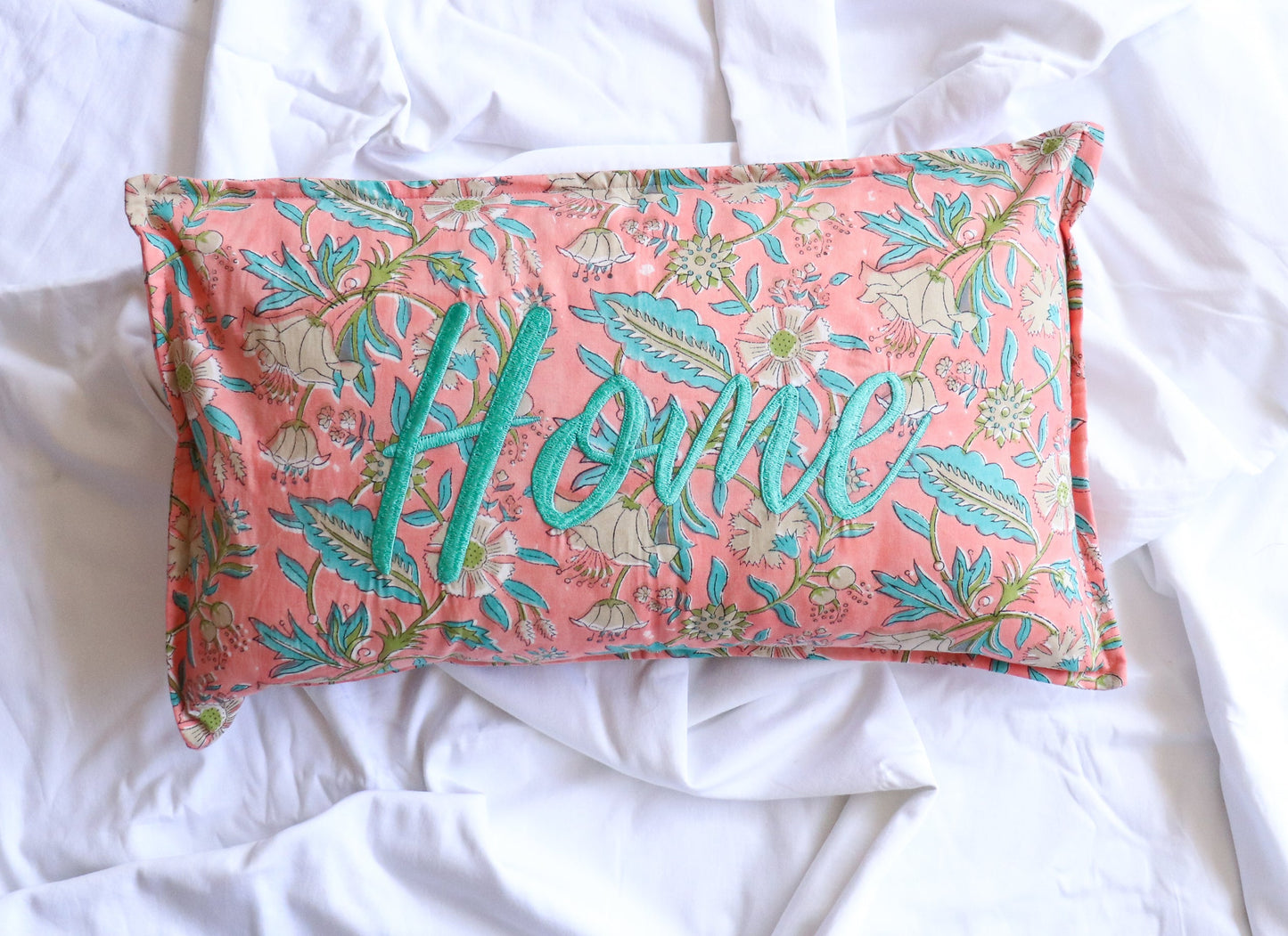 Home Block print Word Pillow - Embroidery on Block print fabric - 12x20