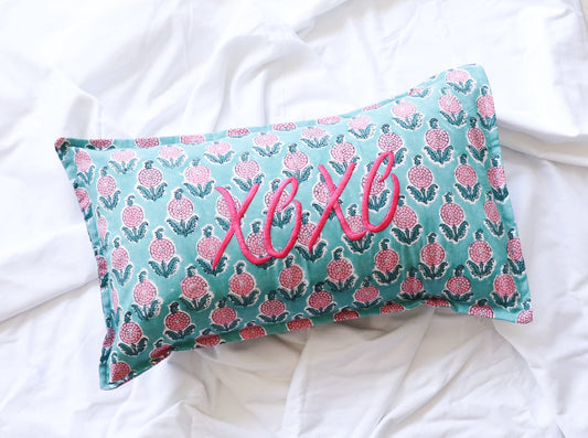 XOXO Block print Word Pillow - Embroidery on Block print fabric - 12x20