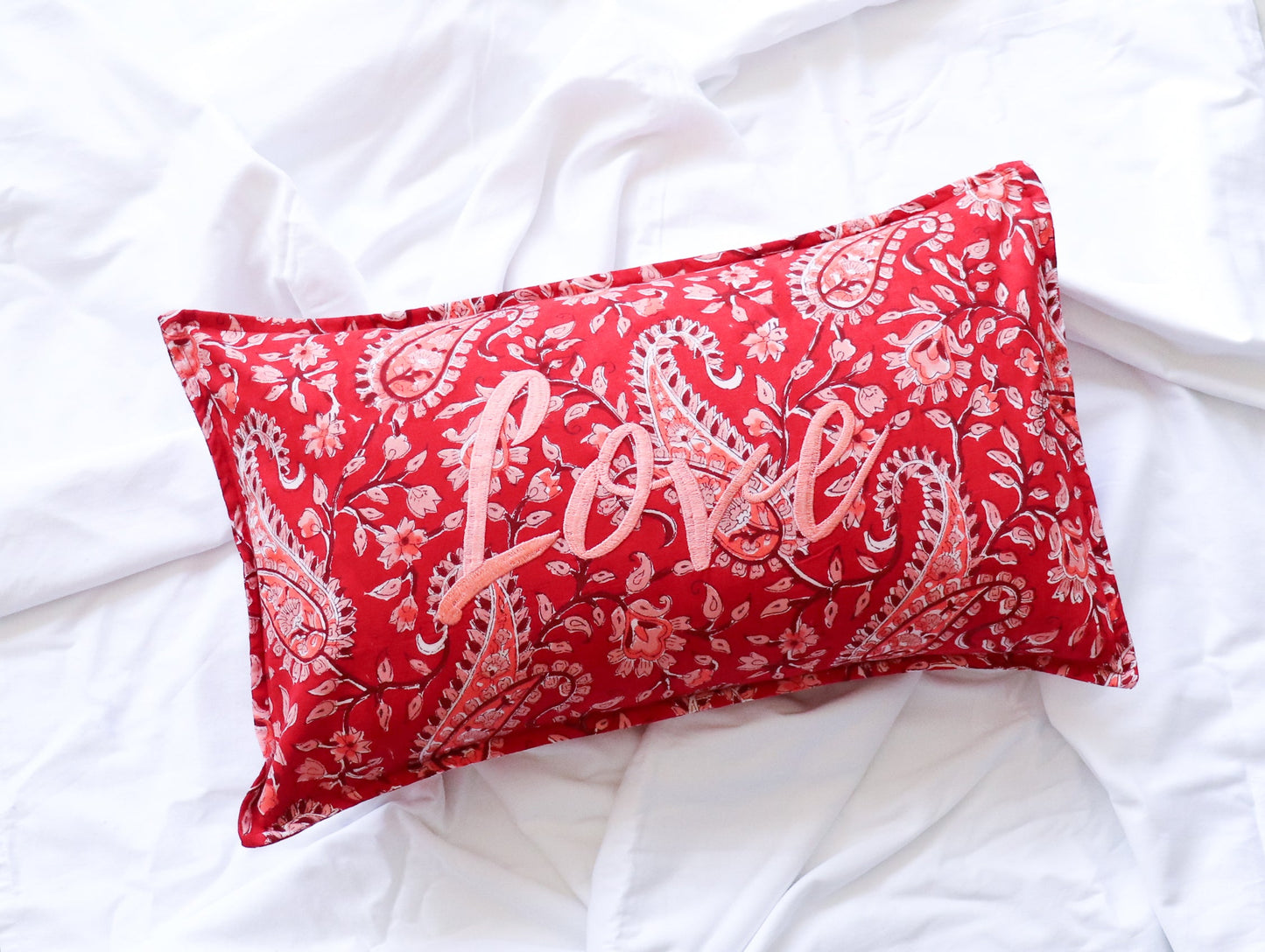 Love Block print Word Pillow - Embroidery on Block print fabric - 12x20 inches