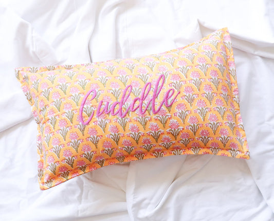 Cuddle Block print Word Pillow - Embroidery on Block print fabric - 12x20