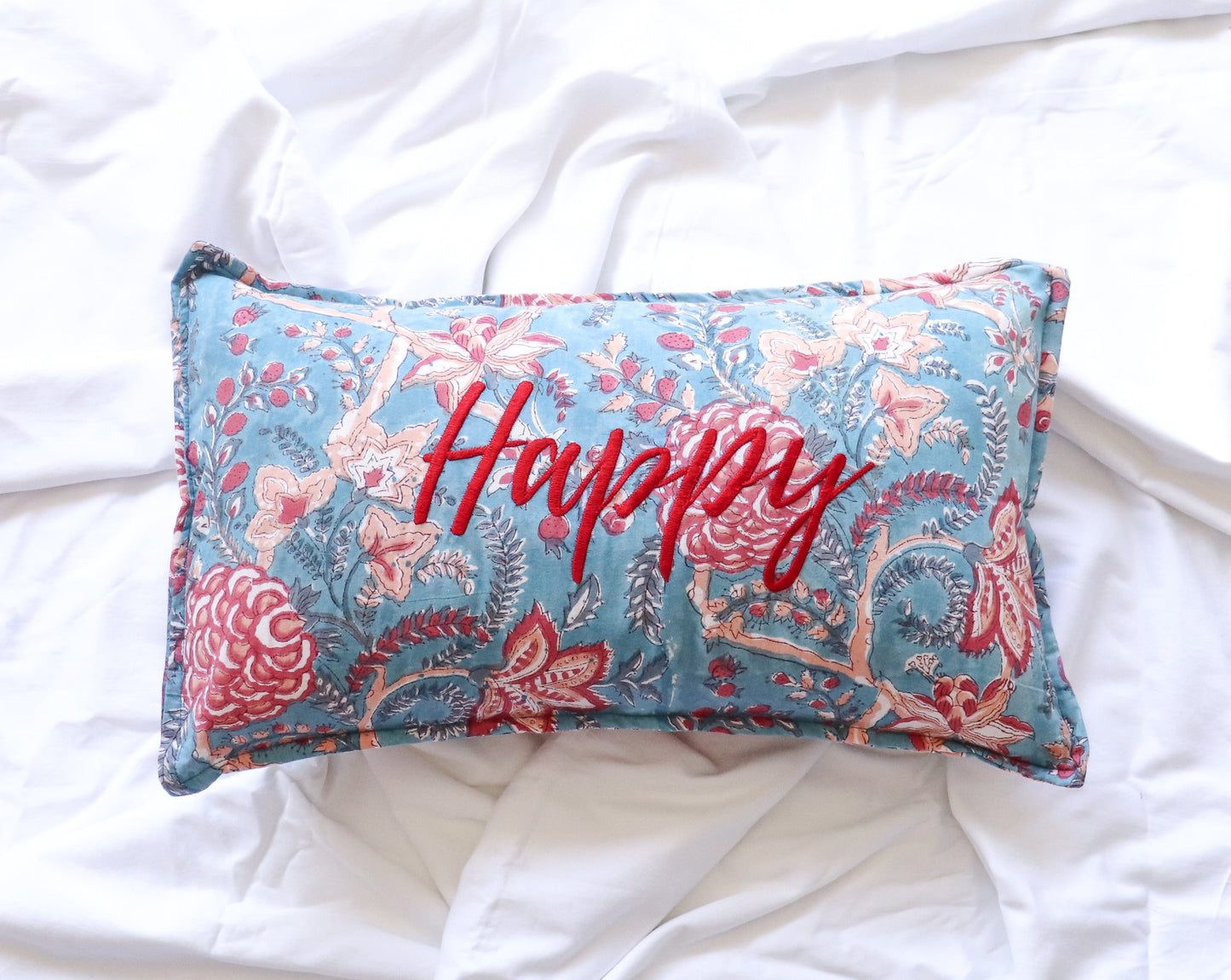 Happy Block print Word Pillow - Embroidery on Block print fabric - 12x20 inches