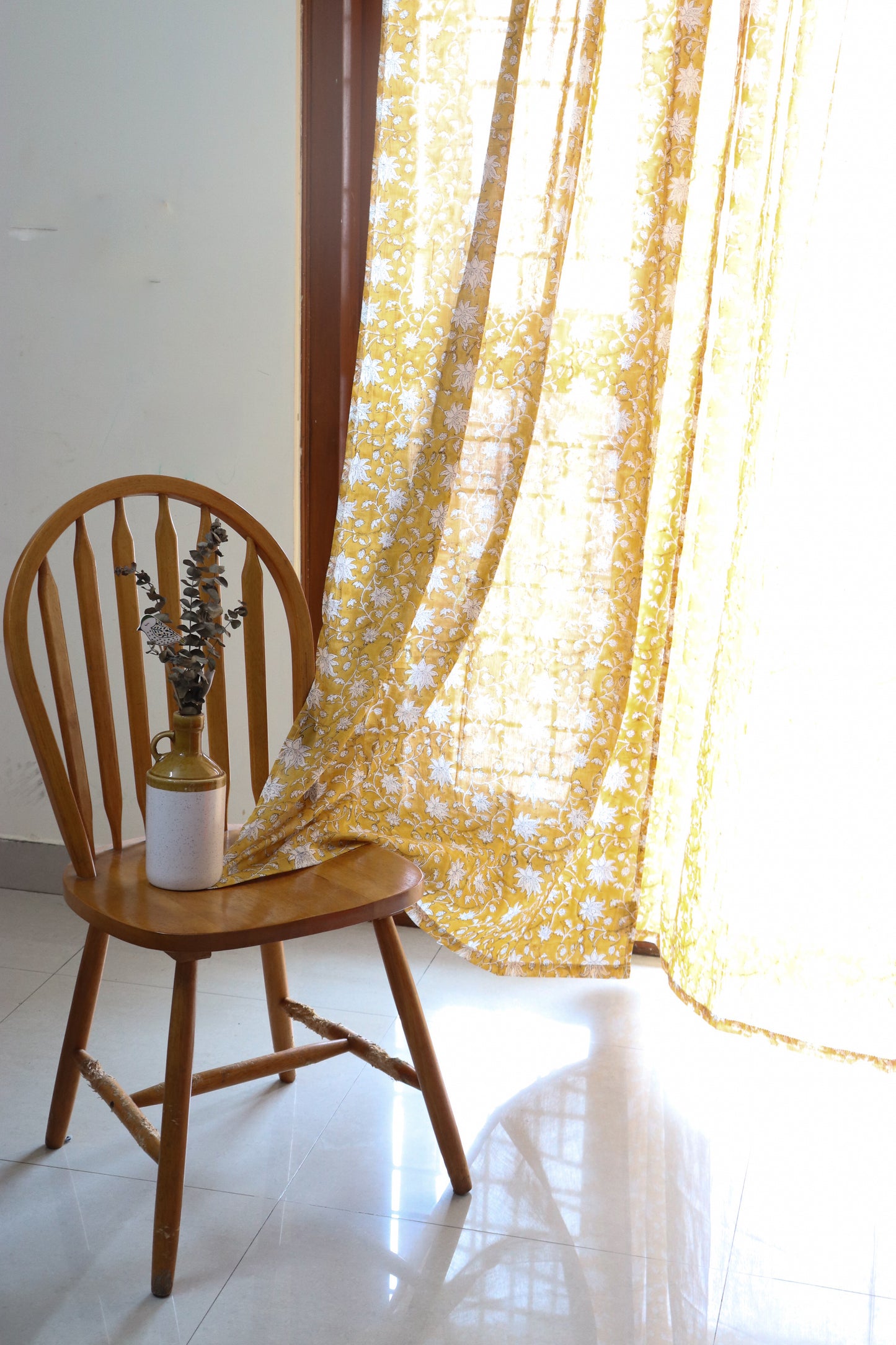 Yellow floral sheer curtain - lightweight sheer curtains - Sold individually