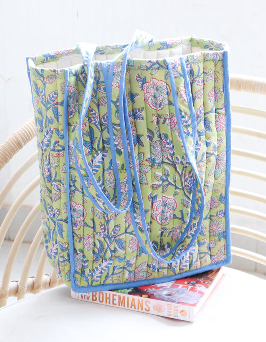 Block print tote bag - Boho quilted lunch bag - shopping bag - Women's handbag - Turquoise