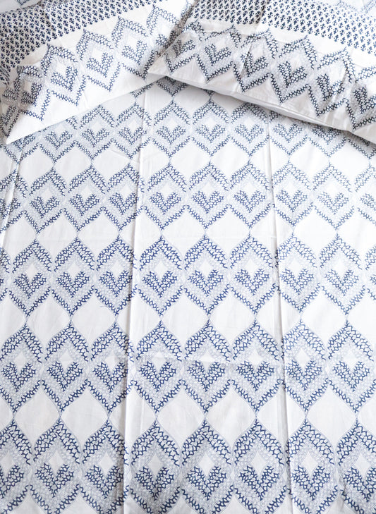Super king Block print bed sheet and pillow cases - Blue geometric bedsheet set-  Blue and white bedsheet