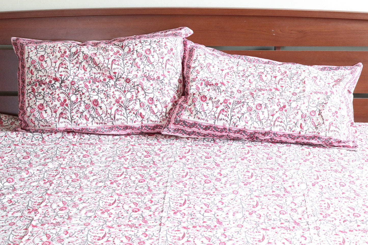 Block print bed sheet and pillow cases - Pink floral bird bedsheet set-  King and queen size bedsheet