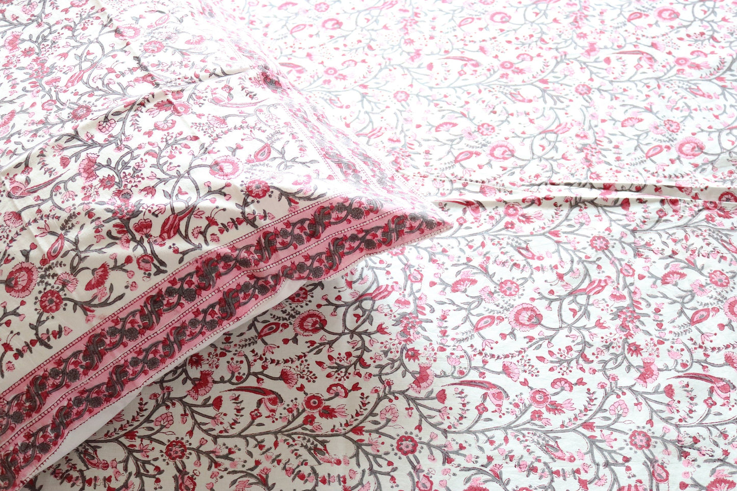 Block print bed sheet and pillow cases - Pink floral bird bedsheet set-  King and queen size bedsheet