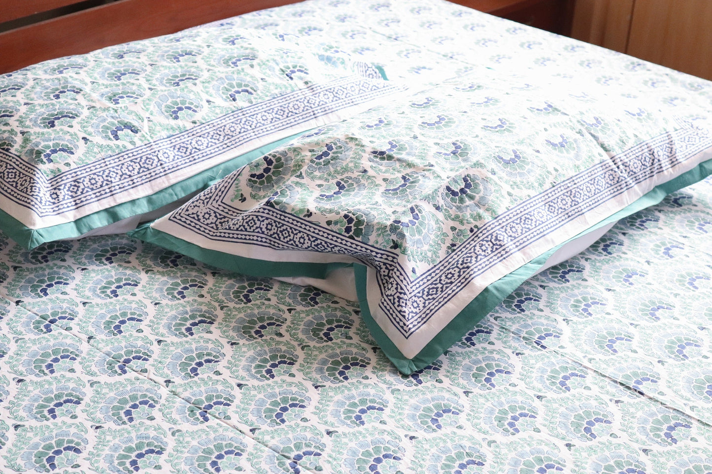 Block print bed sheet and pillow cases - Coral green bedsheet set- Super king size and Queen size