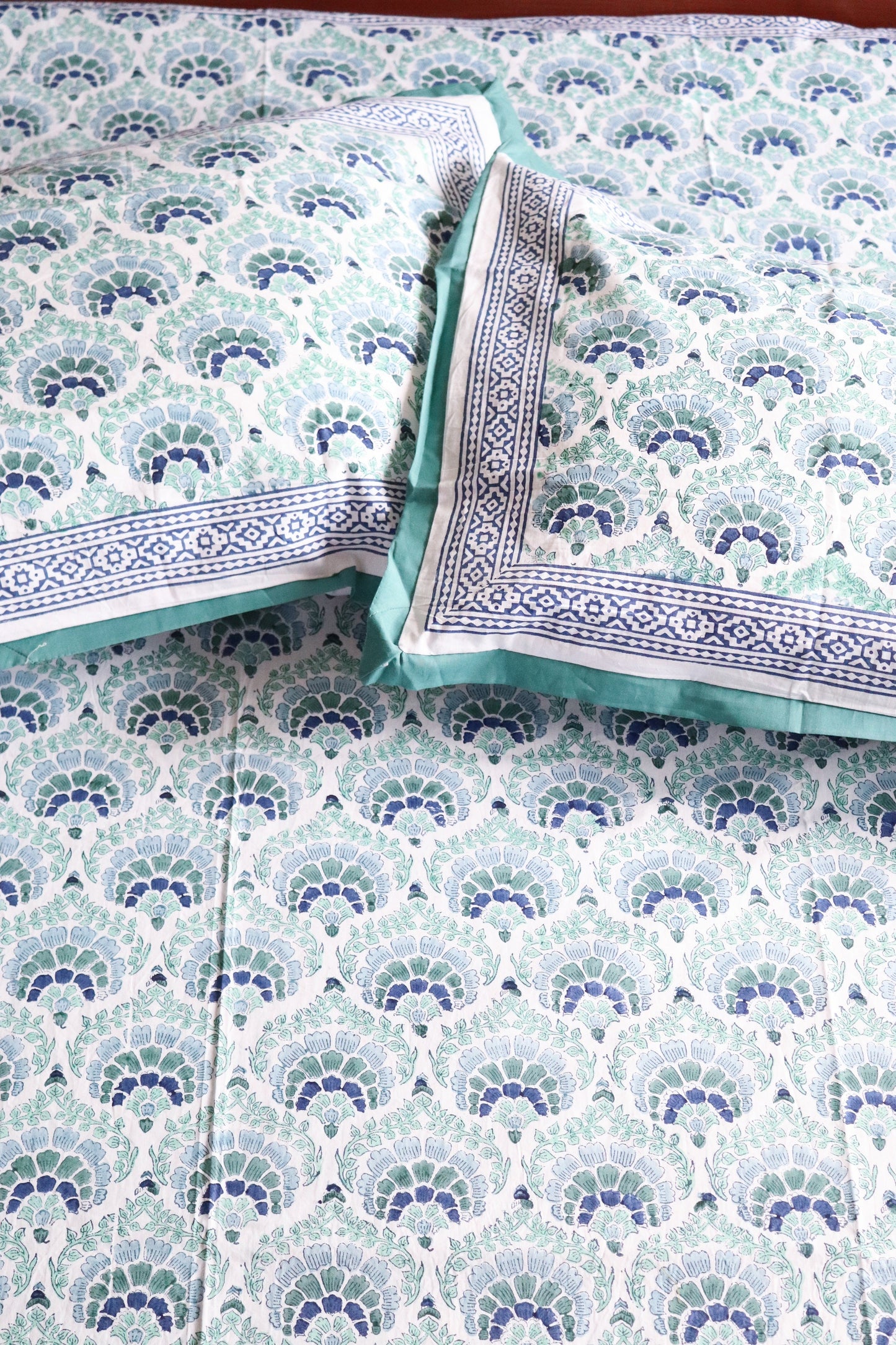 Block print bed sheet and pillow cases - Coral green bedsheet set- Super king size and Queen size