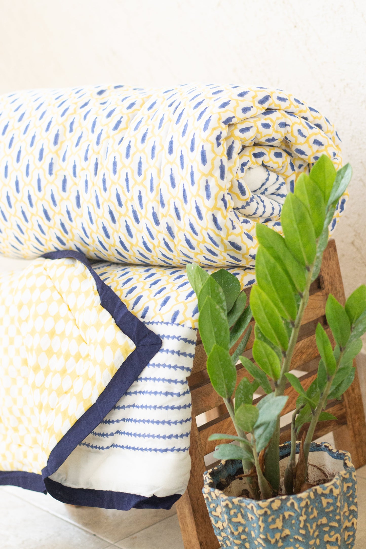 Ikat inspired Block print quilt - Blue and yellow AC Quilt - Single, Queen and King sizes