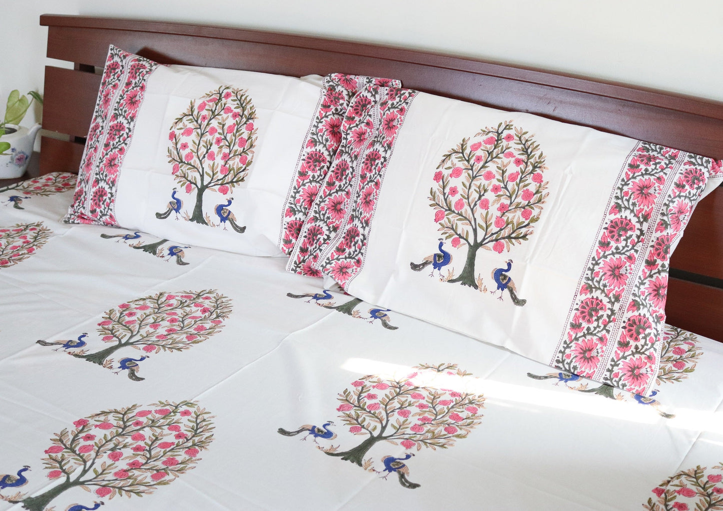 Peacock Block print bed sheet and pillow cases - Peacock and pomegranate bedsheet set-  King size bedsheet