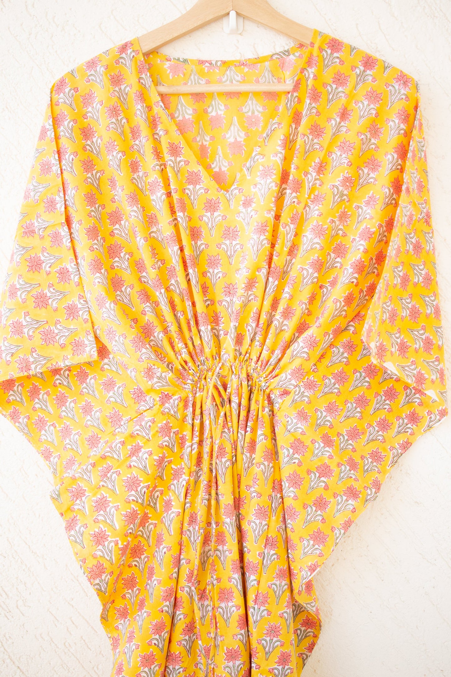 Full length Kaftans for women - Loungewear - long Kaftans with drawstring - yellow floral print