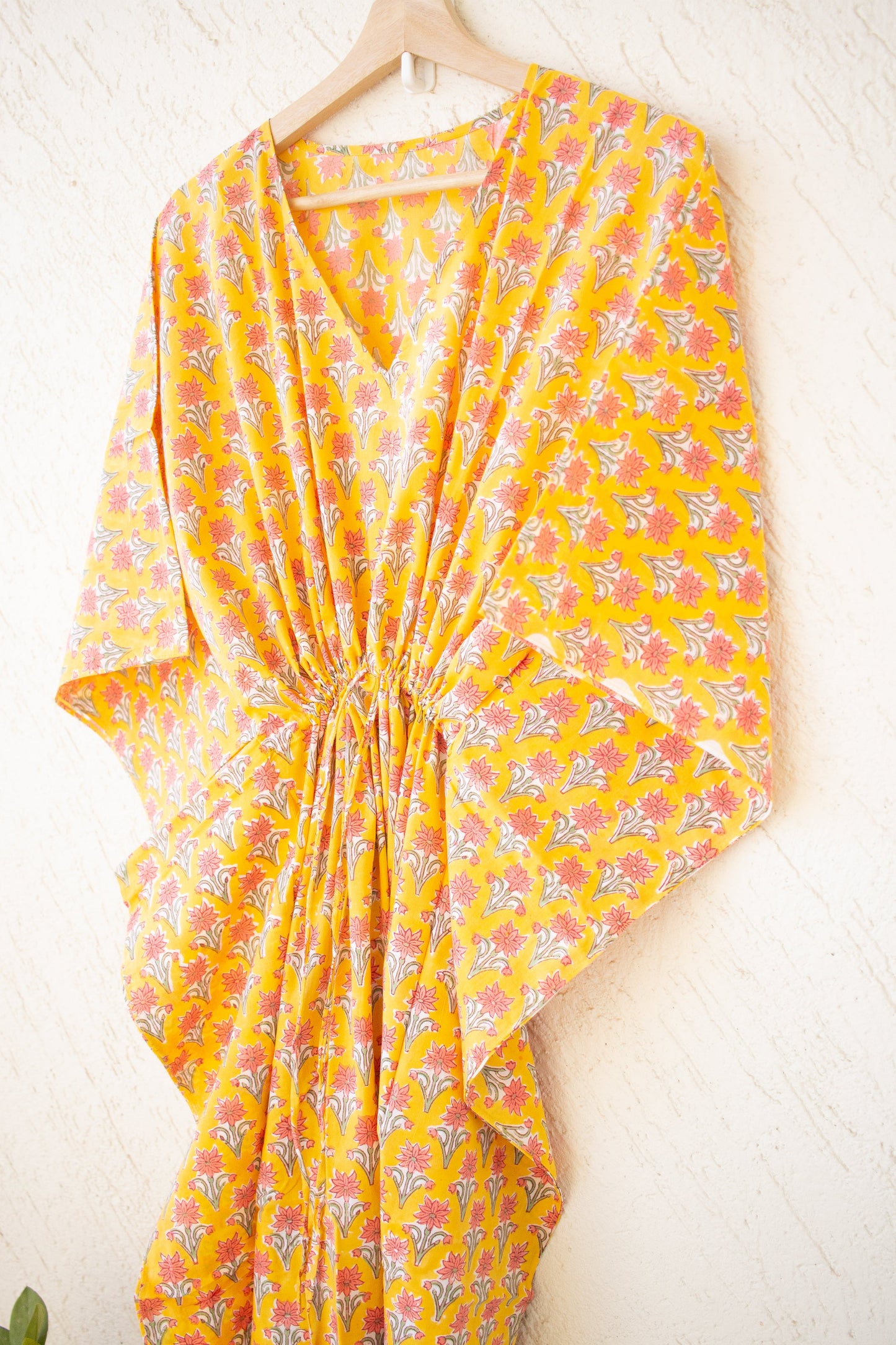 Full length Kaftans for women - Loungewear - long Kaftans with drawstring - yellow floral print
