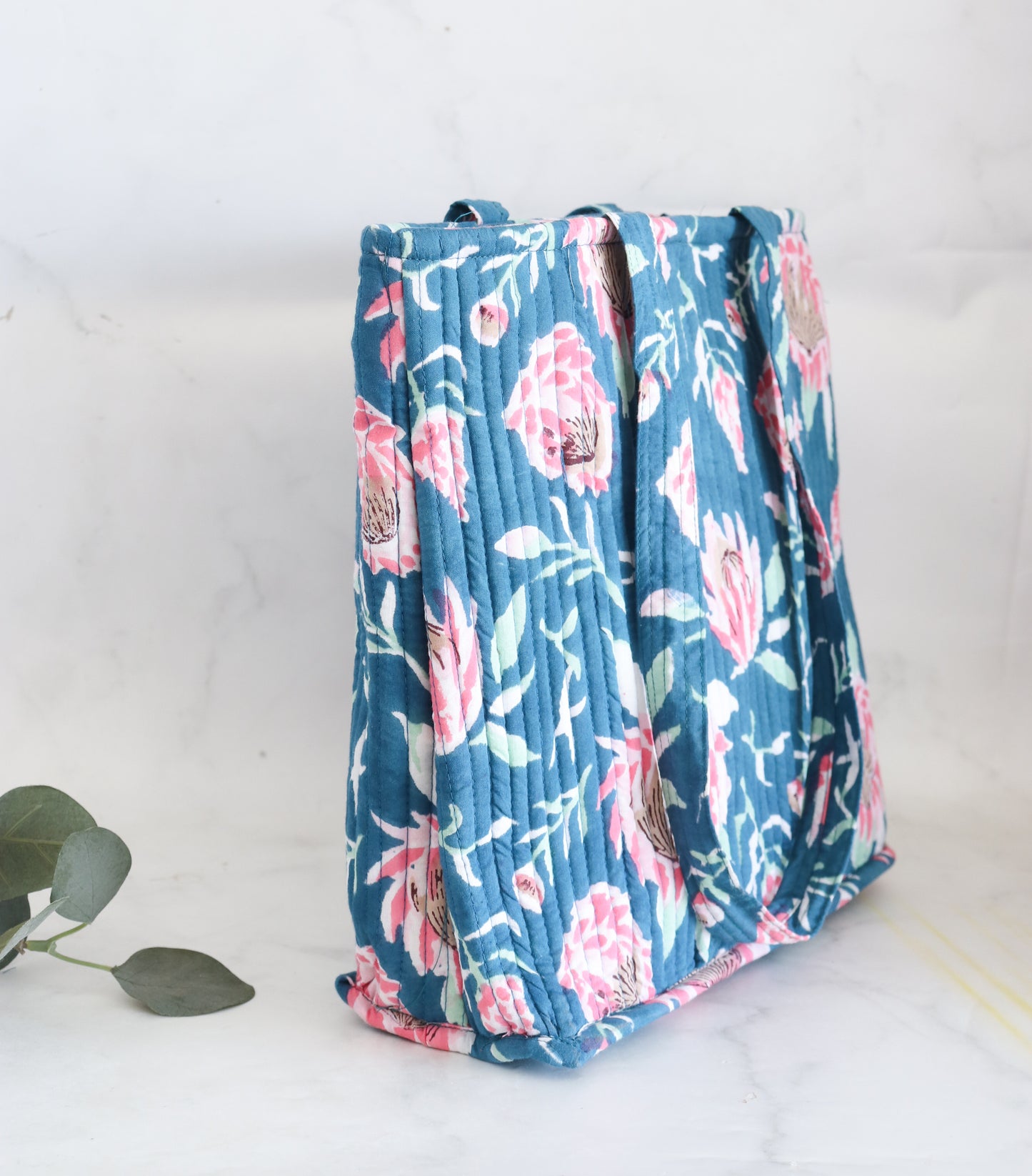 Block print tote bag - Boho quilted women's bags - shopping bag - Women's handbag - Blue Lotus