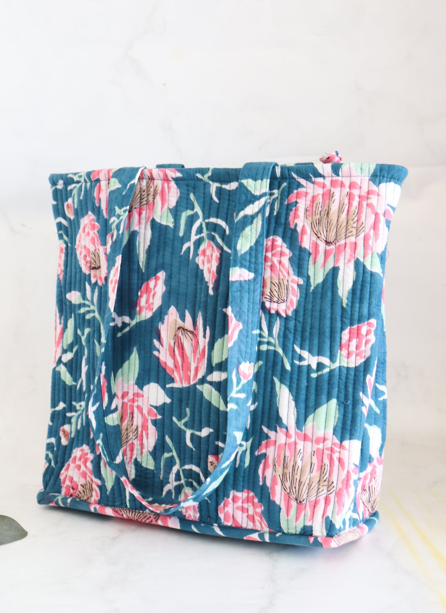 Block print tote bag - Boho quilted women's bags - shopping bag - Women's handbag - Blue Lotus