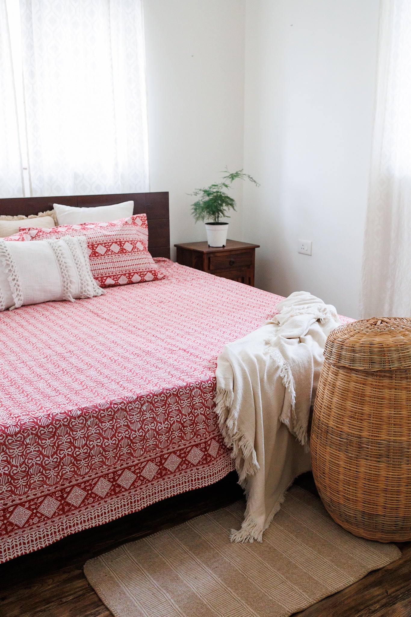 Block print bed sheet set - Red floral bedsheet set- King & queen size -Cotton bedsheet set