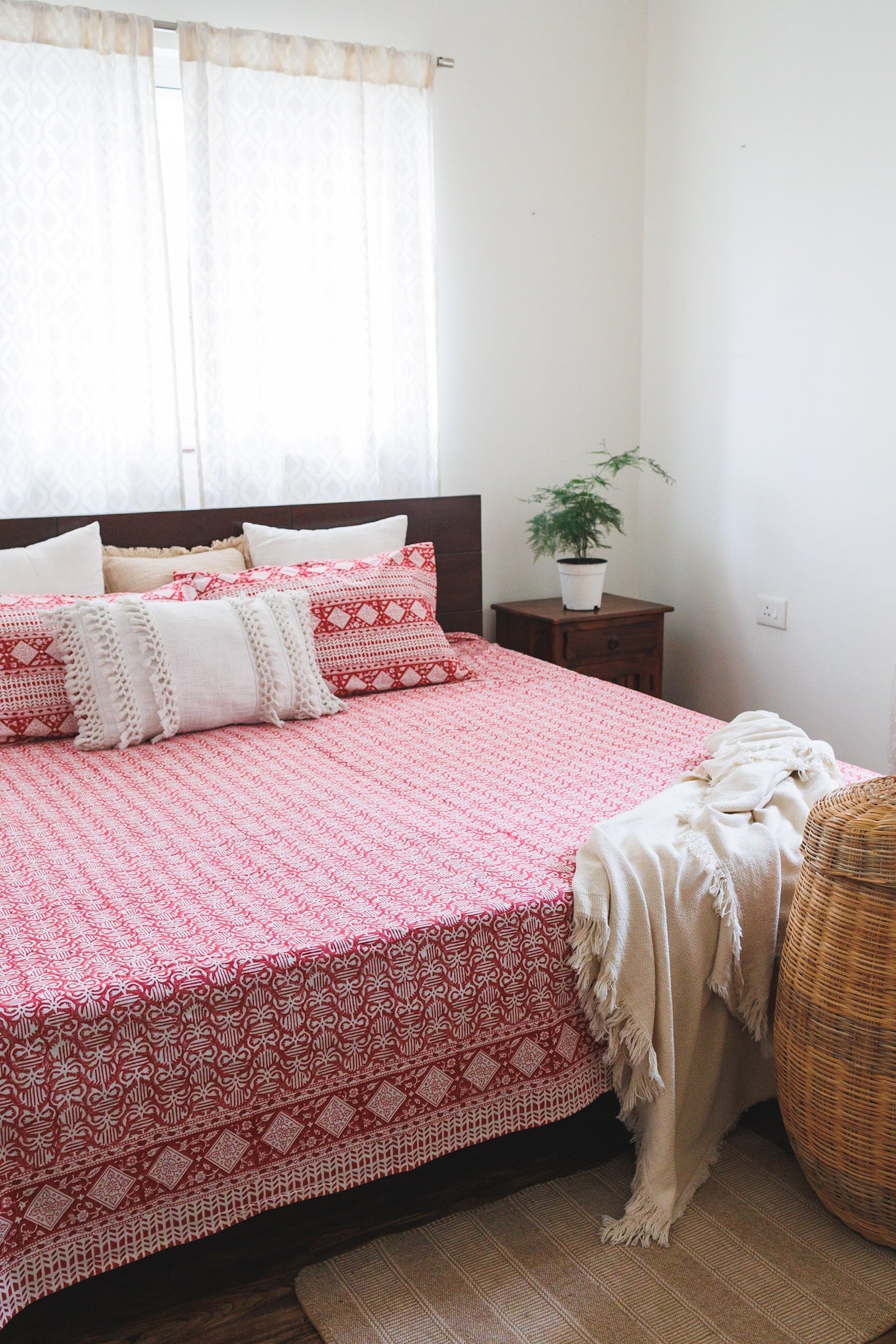 Block print bed sheet set - Red floral bedsheet set- King & queen size -Cotton bedsheet set