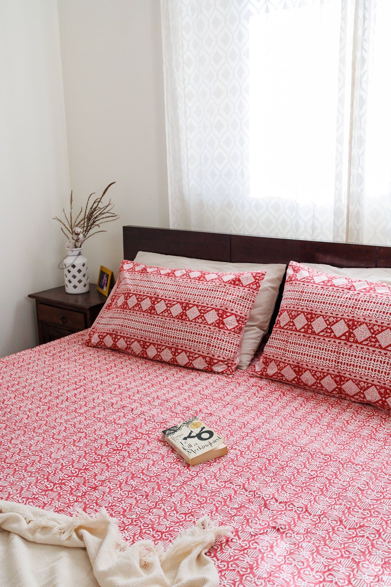 Block print bed sheet set - Red floral bedsheet set- King & queen size -Cotton bedsheet set