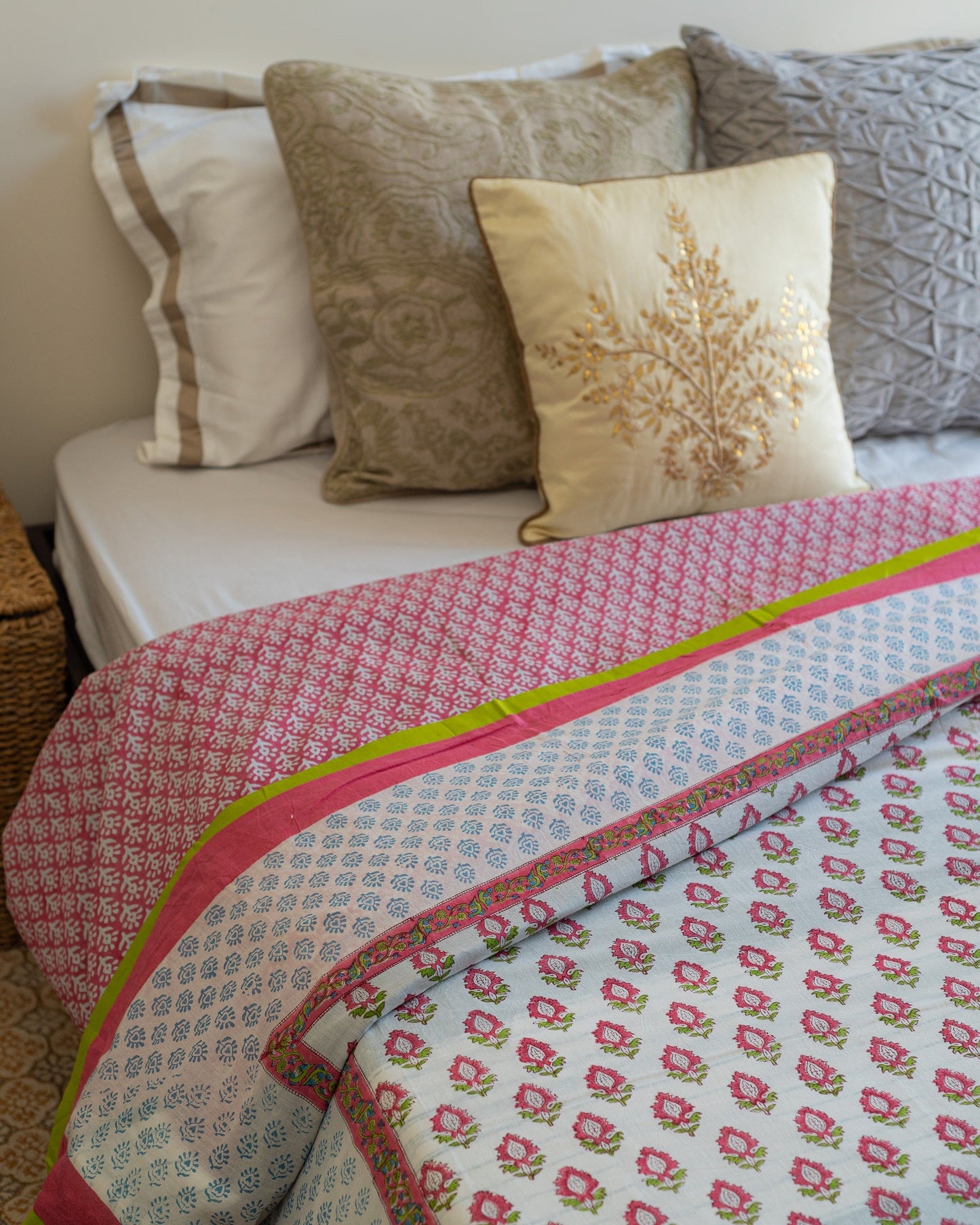 Pink quilt cover - Block print Duvet cover - Quilt cover - Razai cover - Queen & Twin